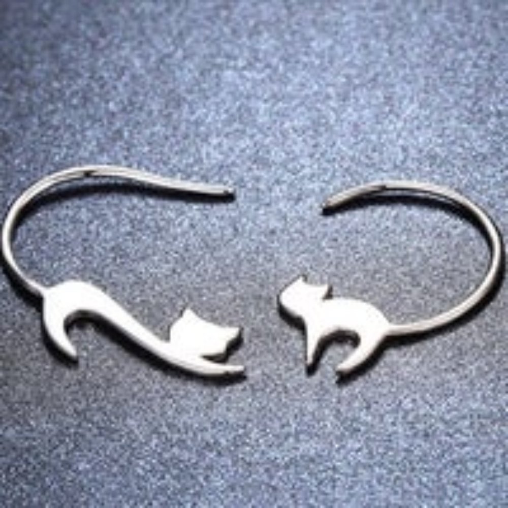 Silver Tone Cat Earrings